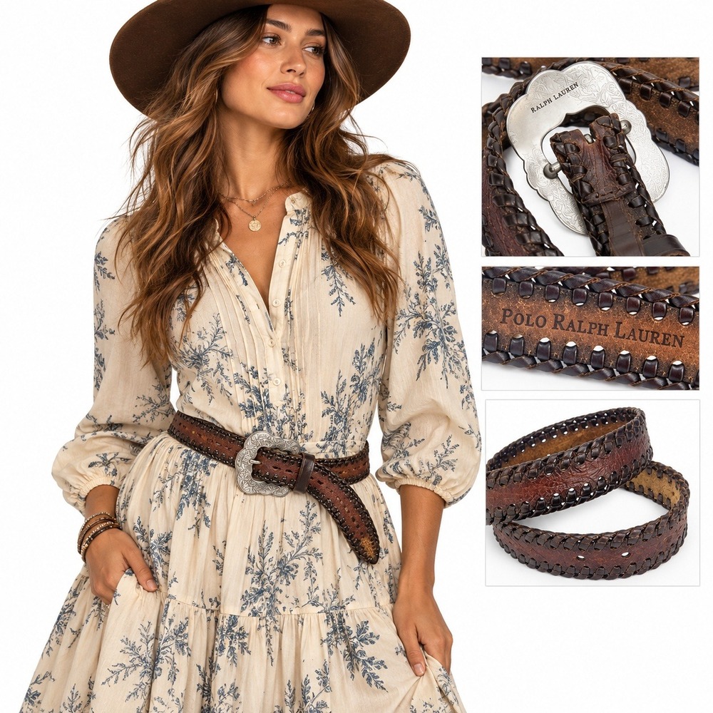 VTG 90s Polo Ralph Lauren Brown Tooled Leather Belt Engraved Silver Buckle Women
